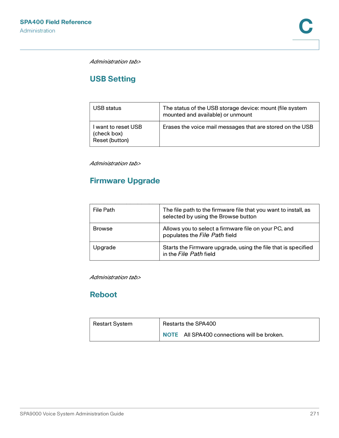 Cisco Systems SPA9000 manual USB Setting, Firmware Upgrade, Reboot 