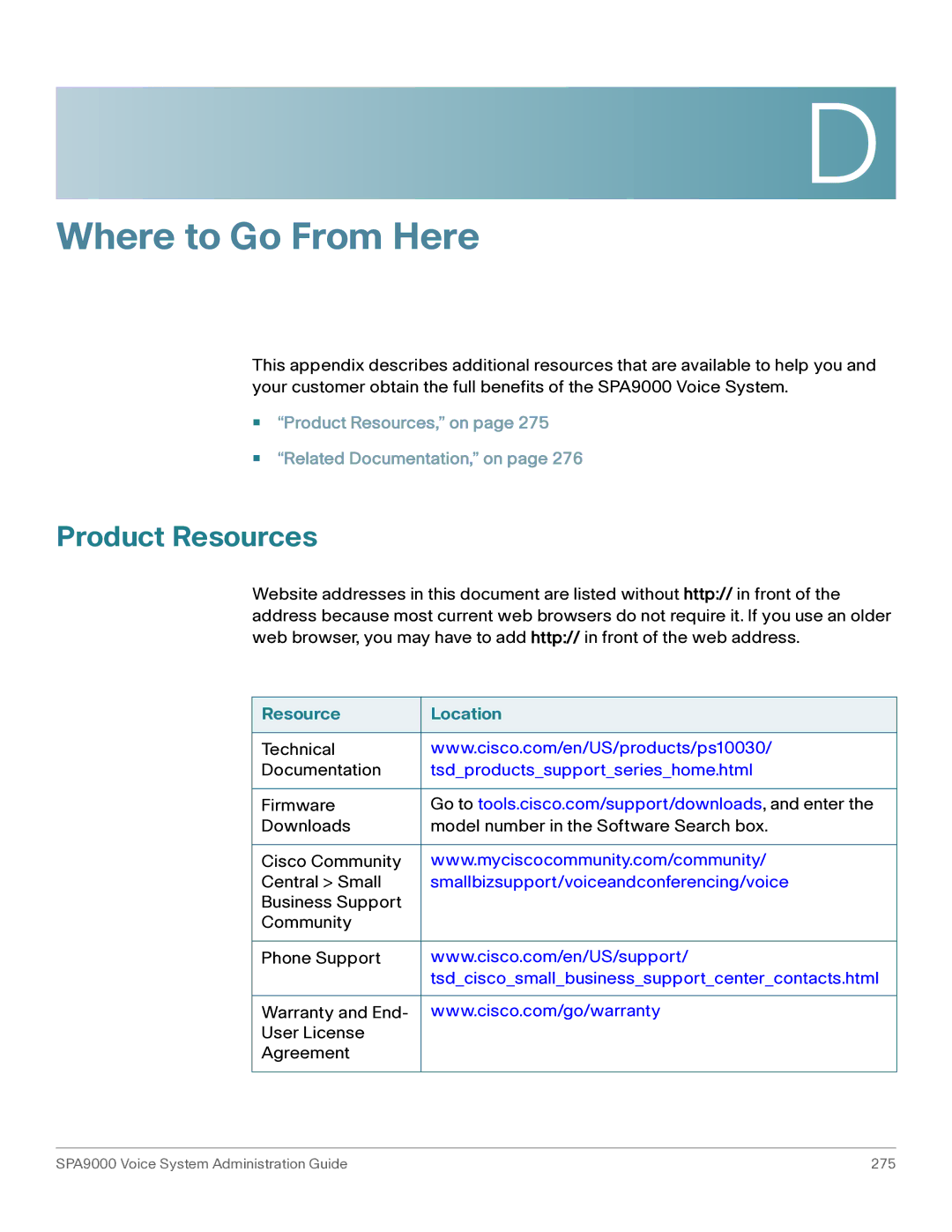 Cisco Systems SPA9000 manual Product Resources, Resource Location 