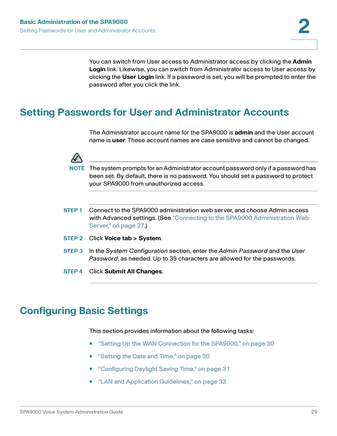 Cisco Systems SPA9000 manual Setting Passwords for User and Administrator Accounts, Configuring Basic Settings 