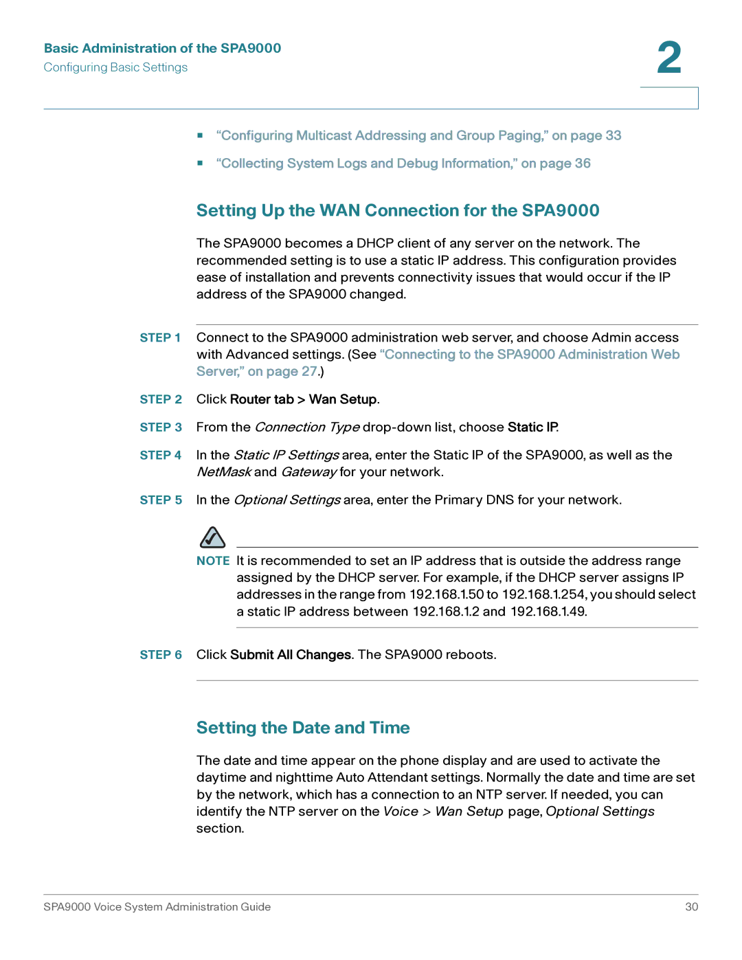 Cisco Systems Setting Up the WAN Connection for the SPA9000, Setting the Date and Time, Click Router tab Wan Setup 