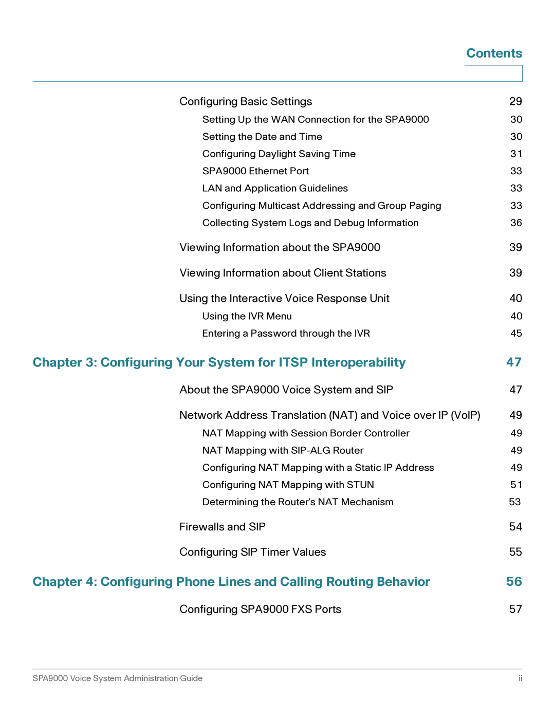 Cisco Systems SPA9000 manual Contents, Configuring Your System for Itsp Interoperability 