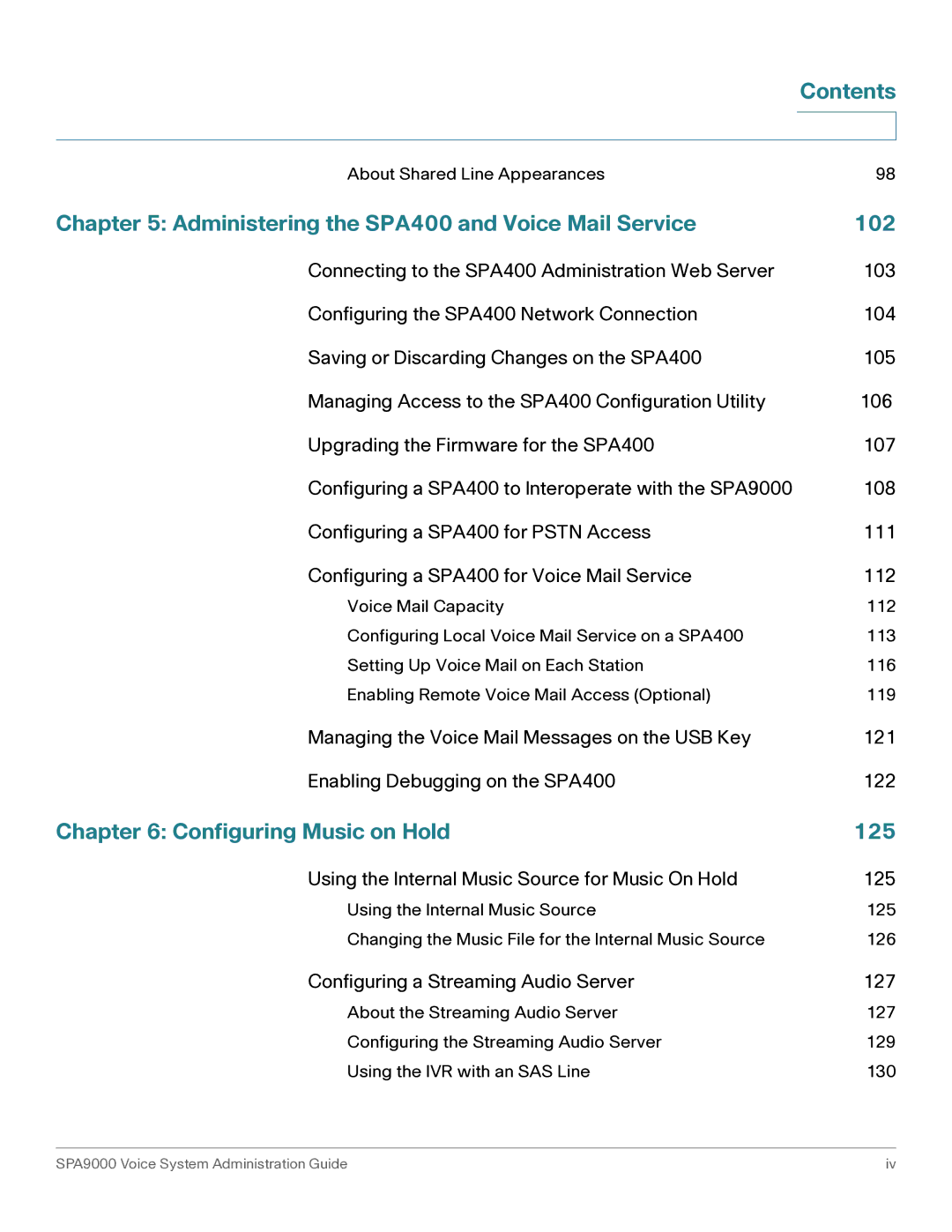 Cisco Systems SPA9000 manual Administering the SPA400 and Voice Mail Service 102, Configuring Music on Hold 125 