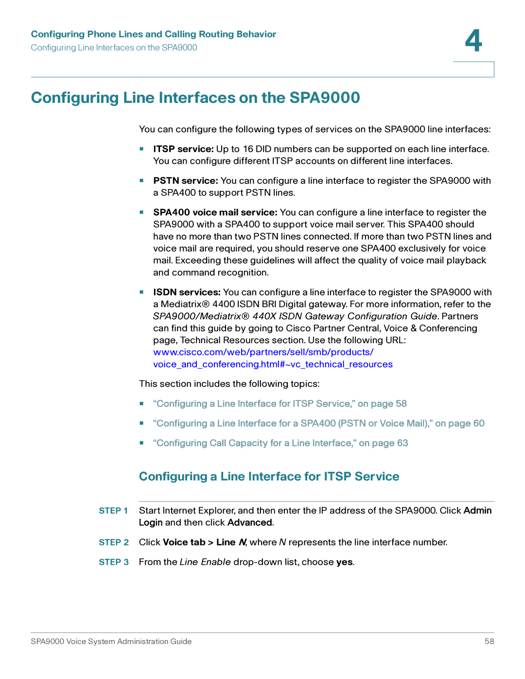 Cisco Systems manual Configuring Line Interfaces on the SPA9000, Configuring a Line Interface for Itsp Service 