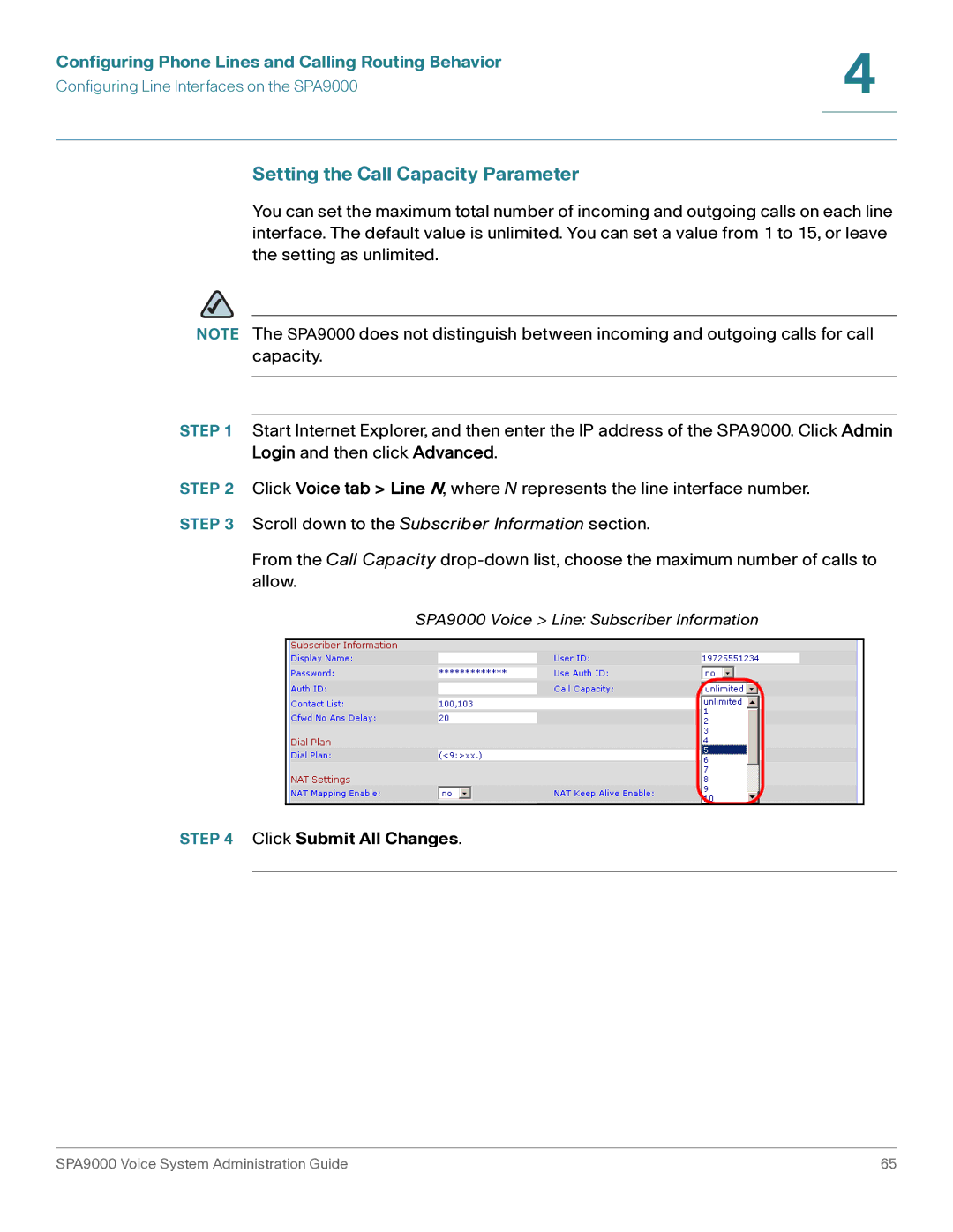 Cisco Systems SPA9000 manual Setting the Call Capacity Parameter, Click Submit All Changes 