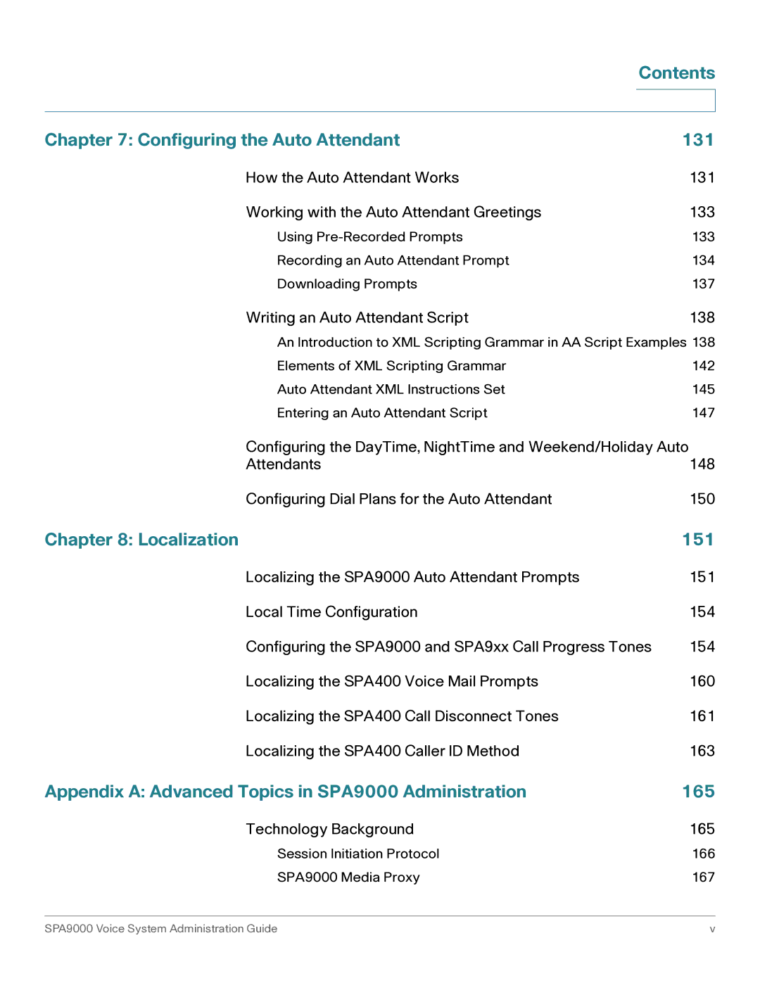 Cisco Systems SPA9000 manual Contents Configuring the Auto Attendant 131, Localization 151 