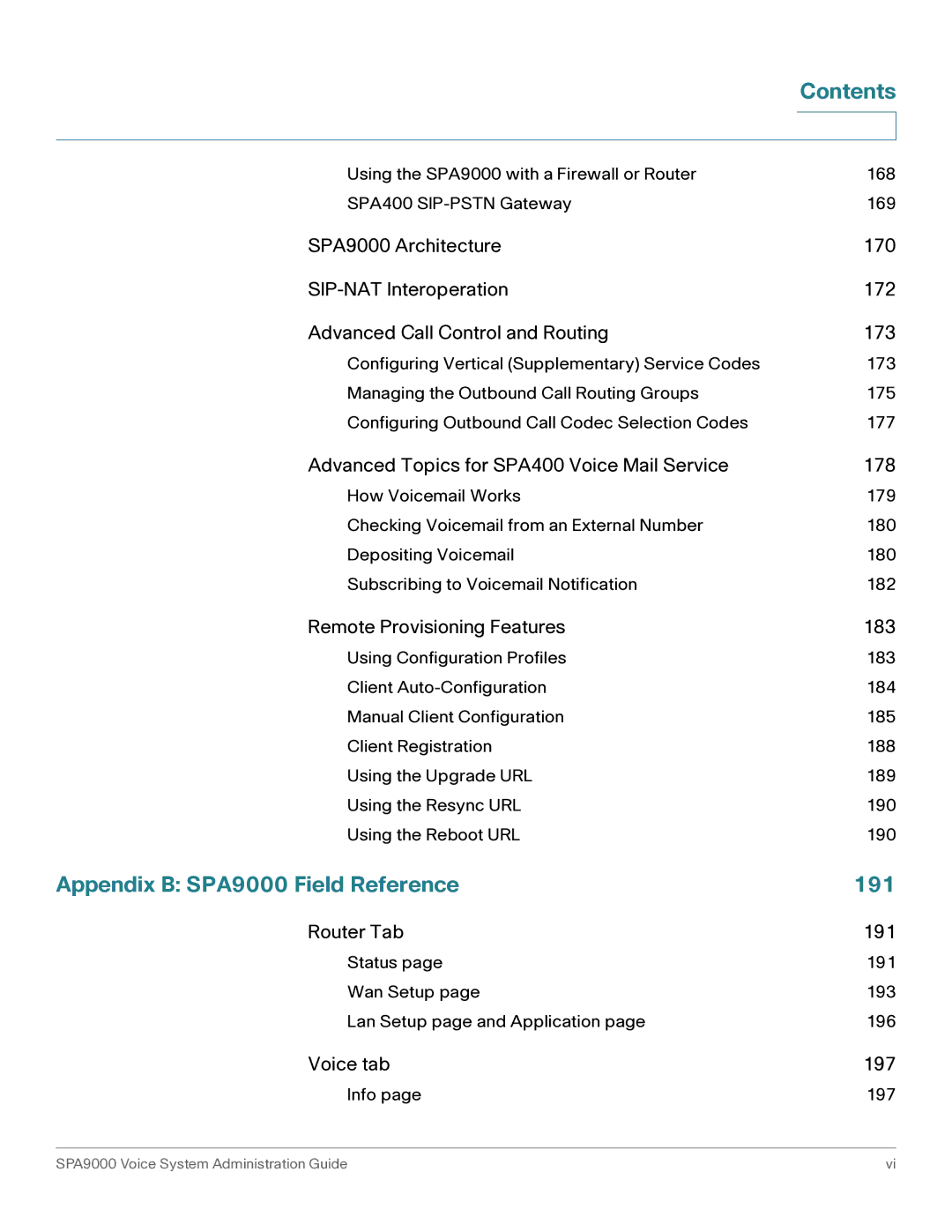 Cisco Systems manual Appendix B SPA9000 Field Reference 191, Advanced Topics for SPA400 Voice Mail Service 178 