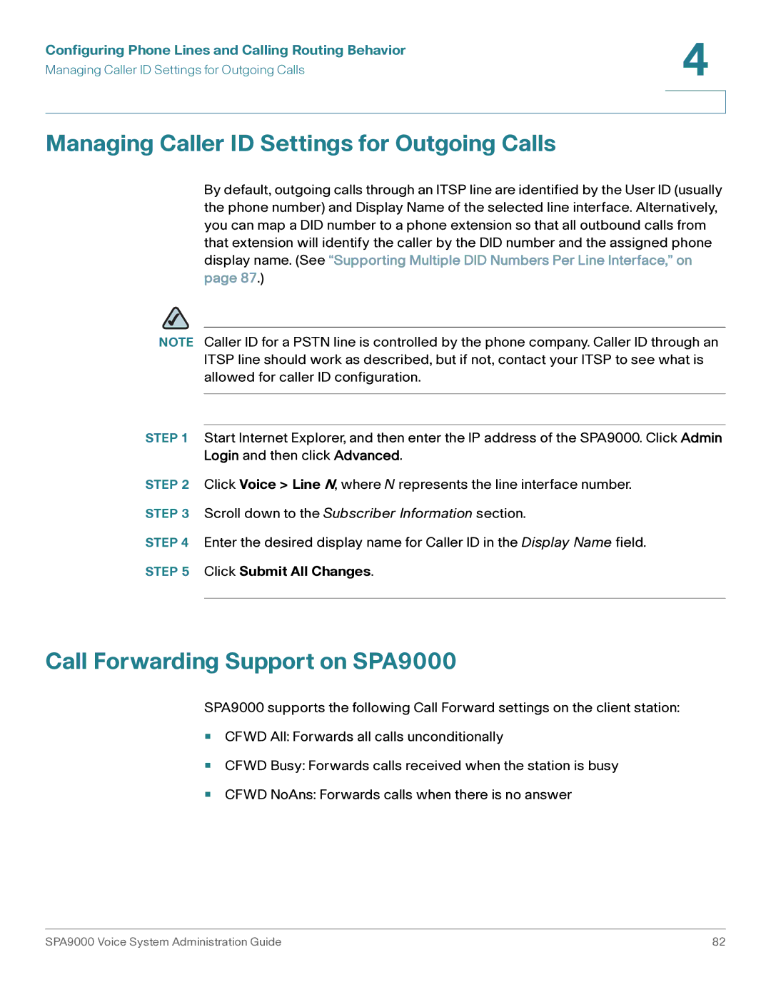 Cisco Systems manual Managing Caller ID Settings for Outgoing Calls, Call Forwarding Support on SPA9000 