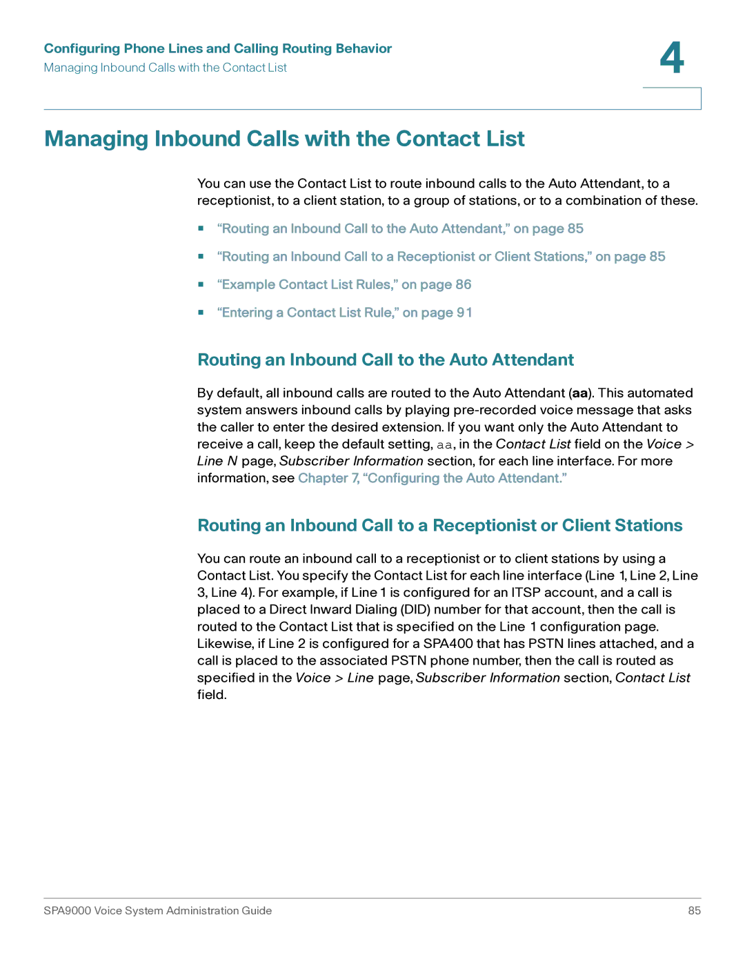 Cisco Systems SPA9000 manual Managing Inbound Calls with the Contact List, Routing an Inbound Call to the Auto Attendant 