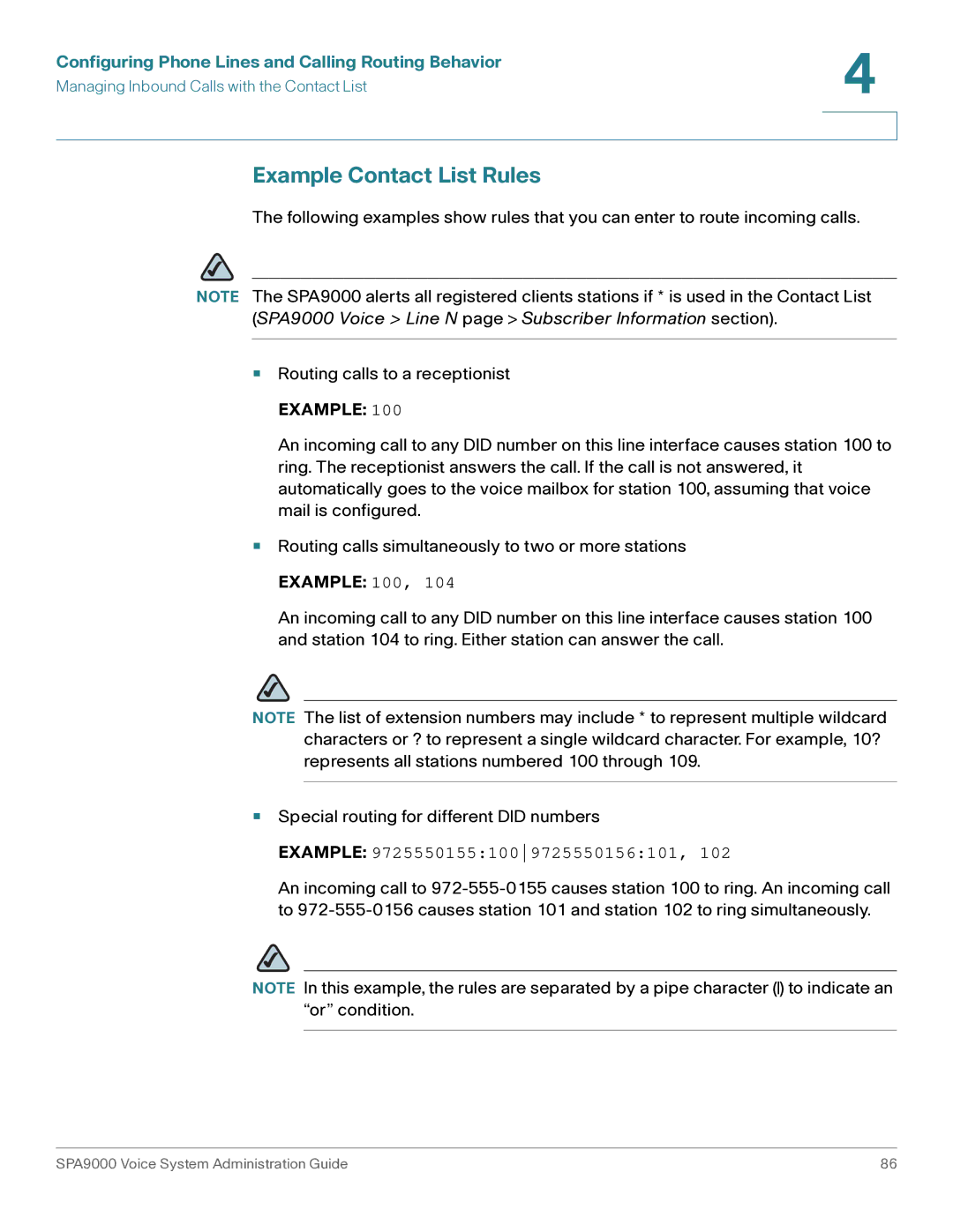 Cisco Systems SPA9000 manual Example Contact List Rules, Example 97255501551009725550156101 