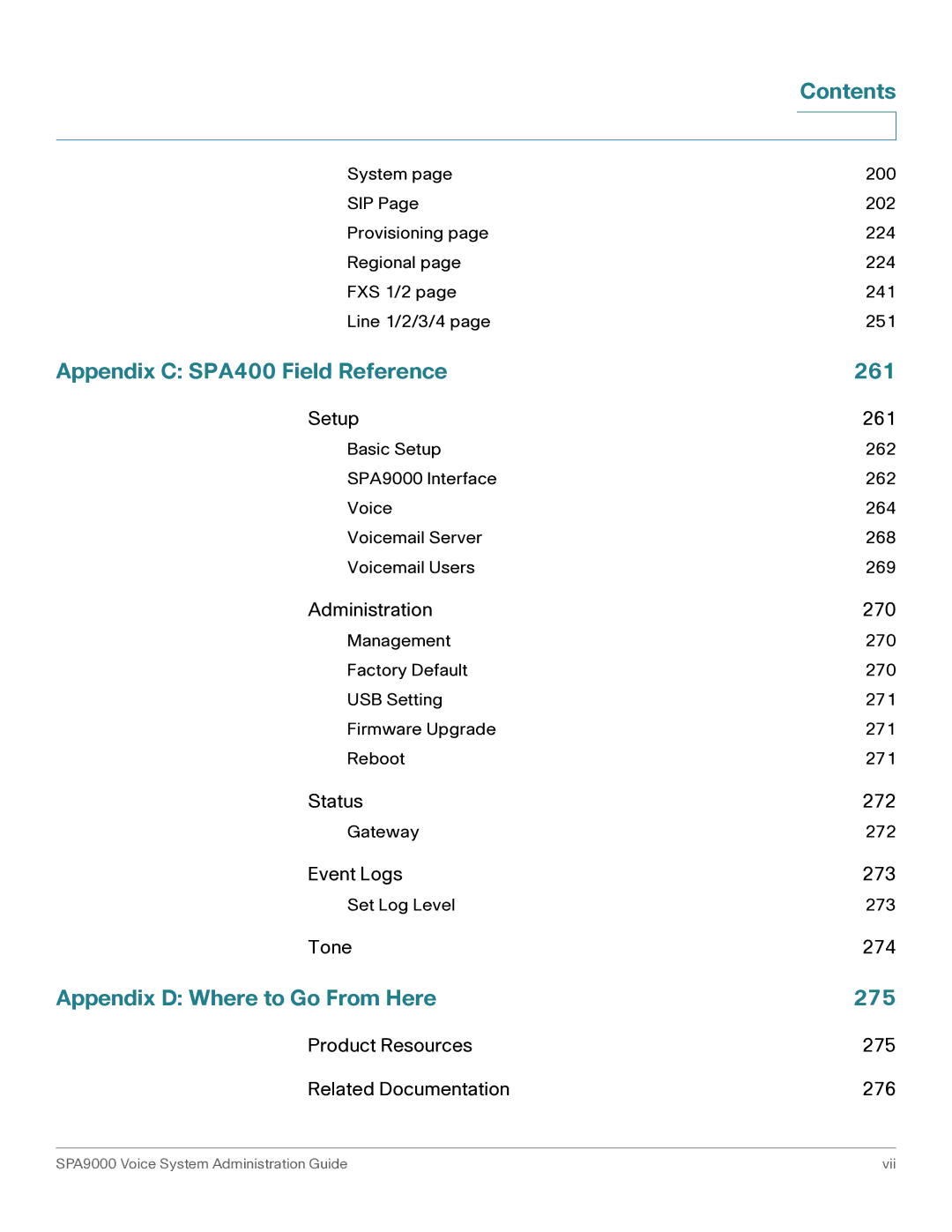 Cisco Systems SPA9000 manual Appendix C SPA400 Field Reference 261, Appendix D Where to Go From Here 275 