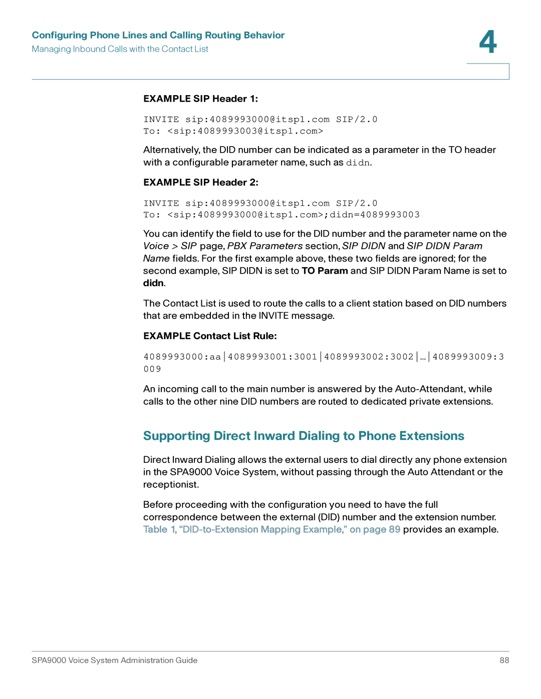 Cisco Systems SPA9000 Supporting Direct Inward Dialing to Phone Extensions, Example SIP Header, Example Contact List Rule 