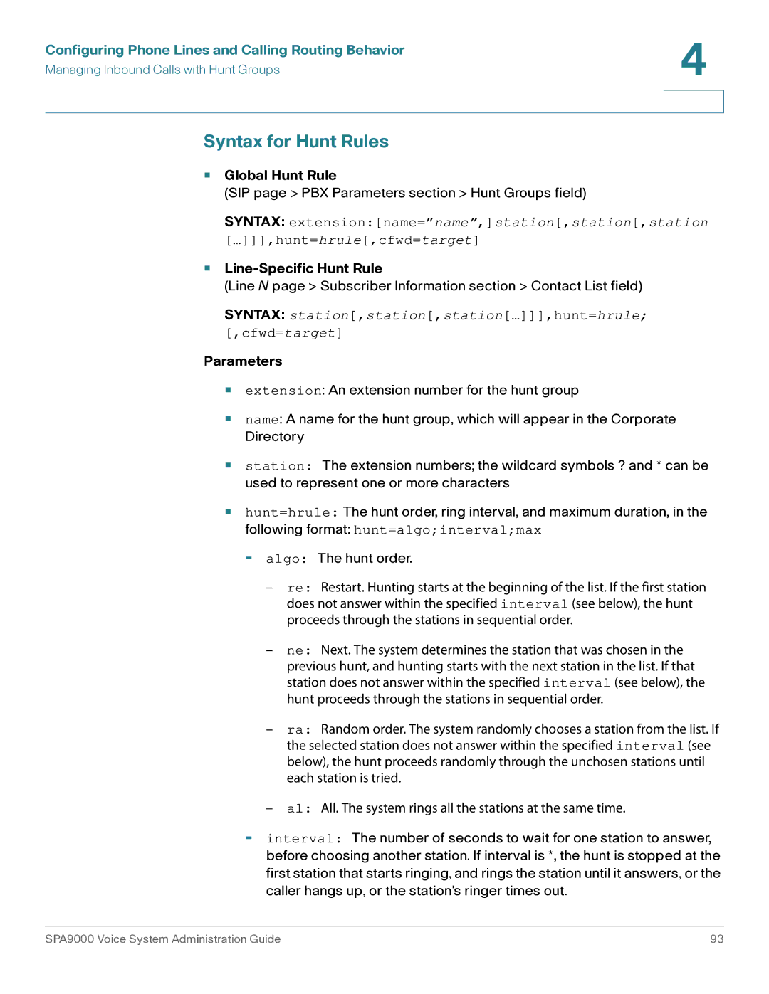 Cisco Systems SPA9000 manual Syntax for Hunt Rules, Global Hunt Rule, Line-Specific Hunt Rule, Parameters 