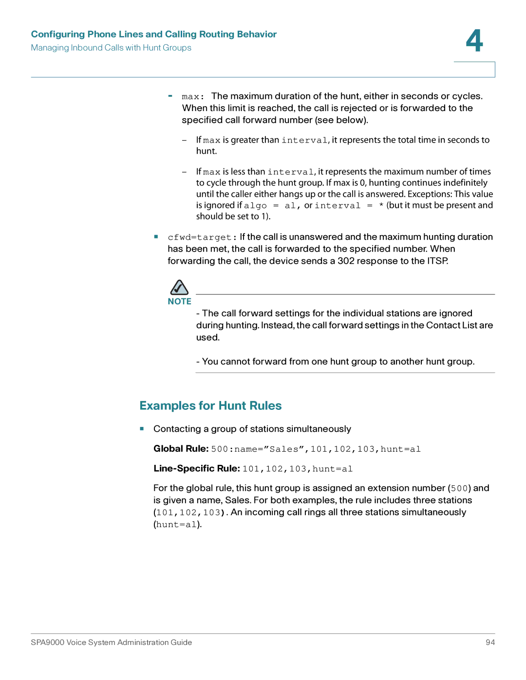 Cisco Systems SPA9000 manual Examples for Hunt Rules, Global Rule 500name=Sales,101,102,103,hunt=al 