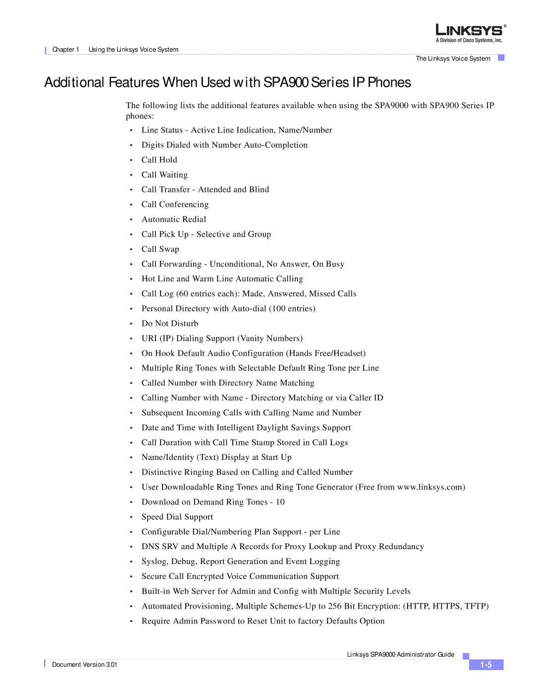 Cisco Systems SPA9000 manual Additional Features When Used with SPA900 Series IP Phones 