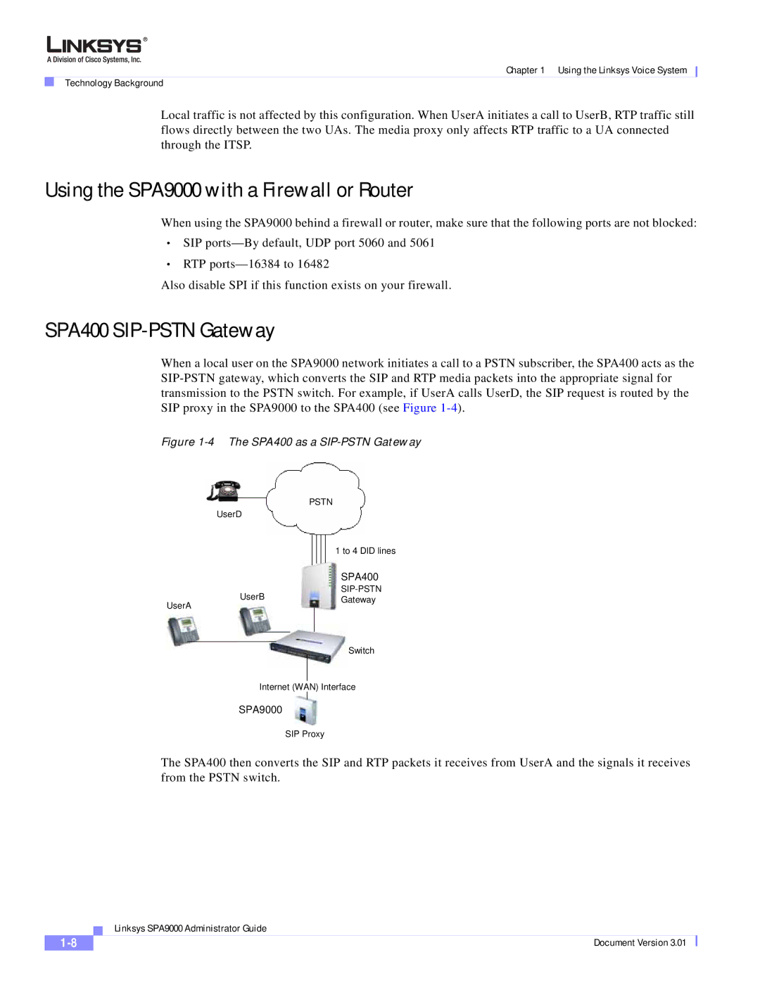 Cisco Systems manual Using the SPA9000 with a Firewall or Router, SPA400 SIP-PSTN Gateway 