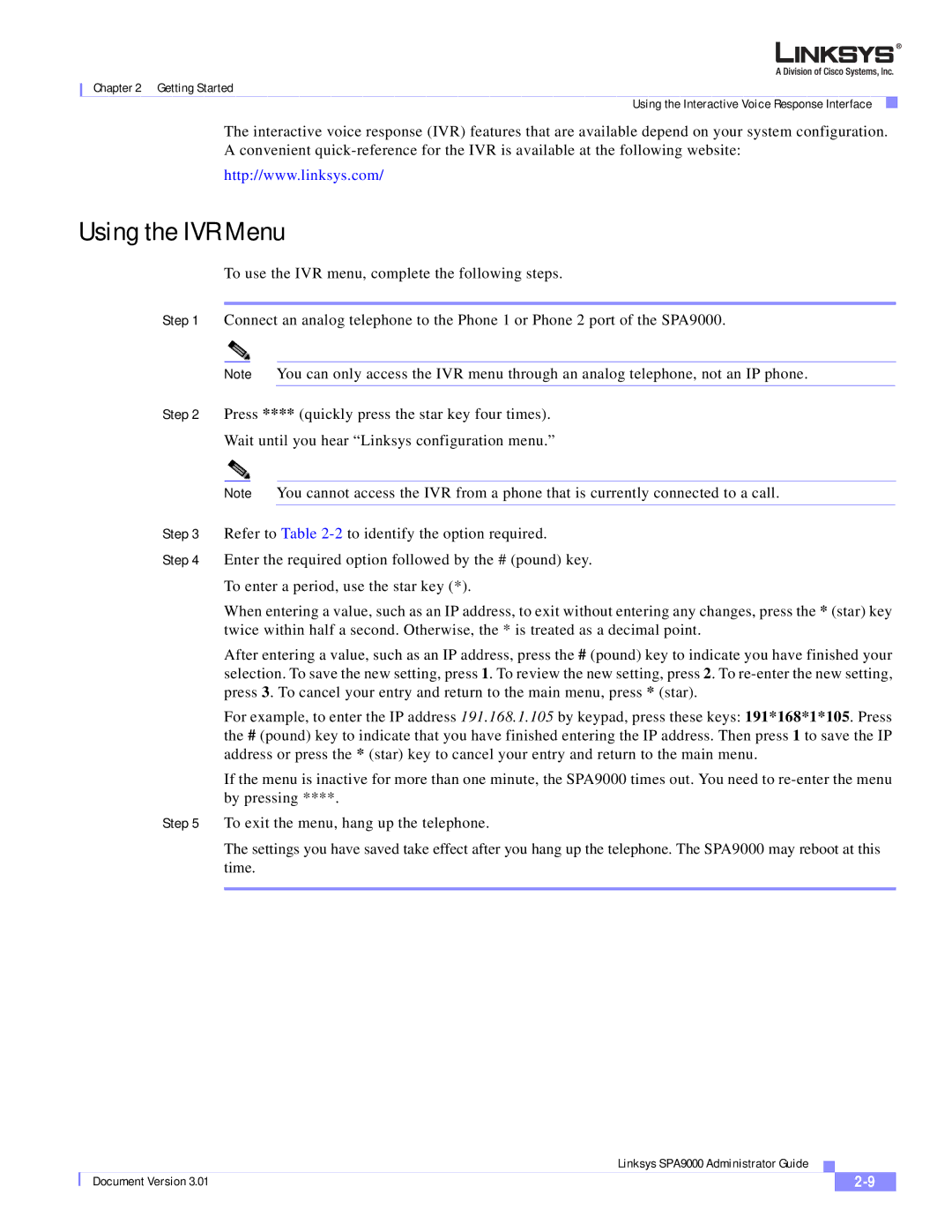 Cisco Systems SPA9000 manual Using the IVR Menu 