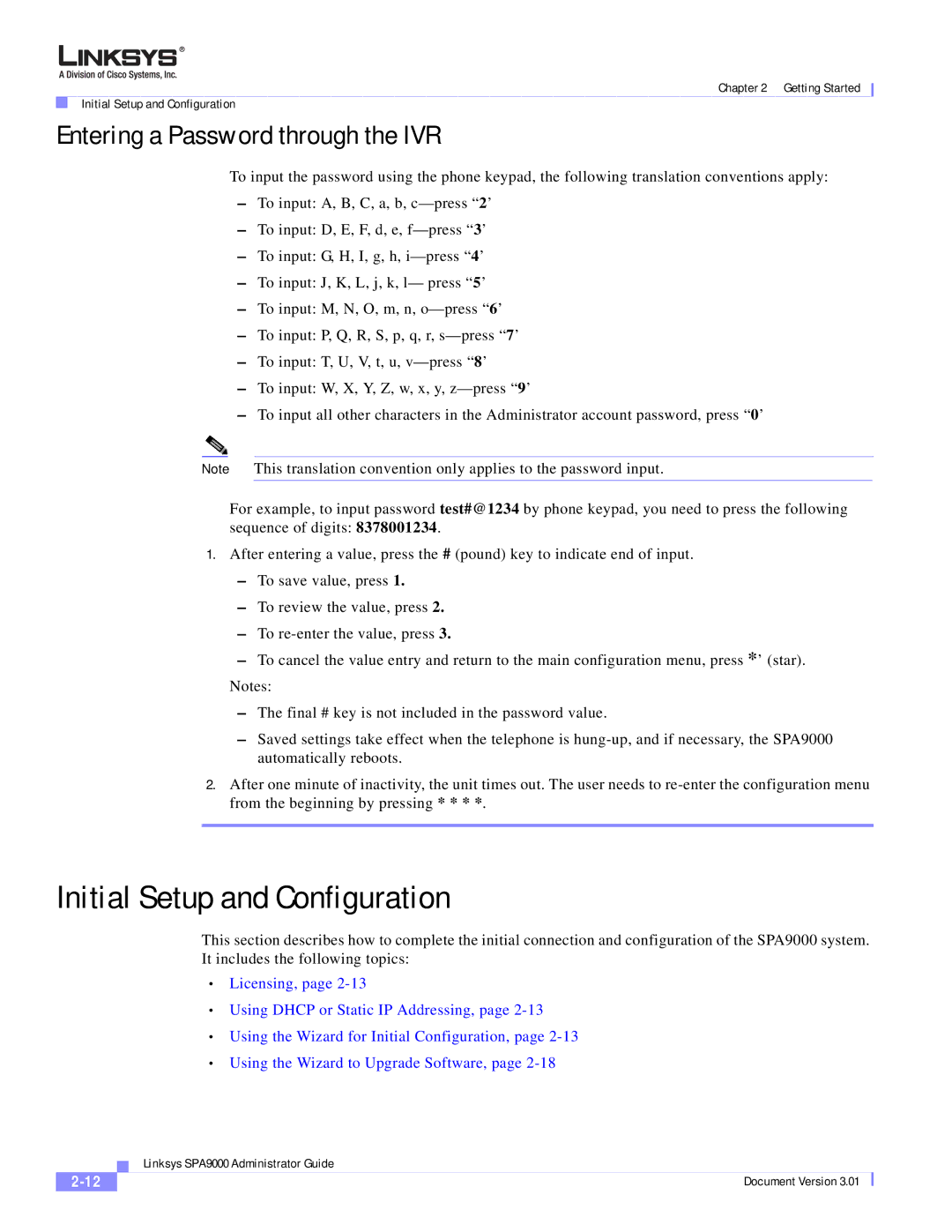 Cisco Systems SPA9000 manual Initial Setup and Configuration, Entering a Password through the IVR 