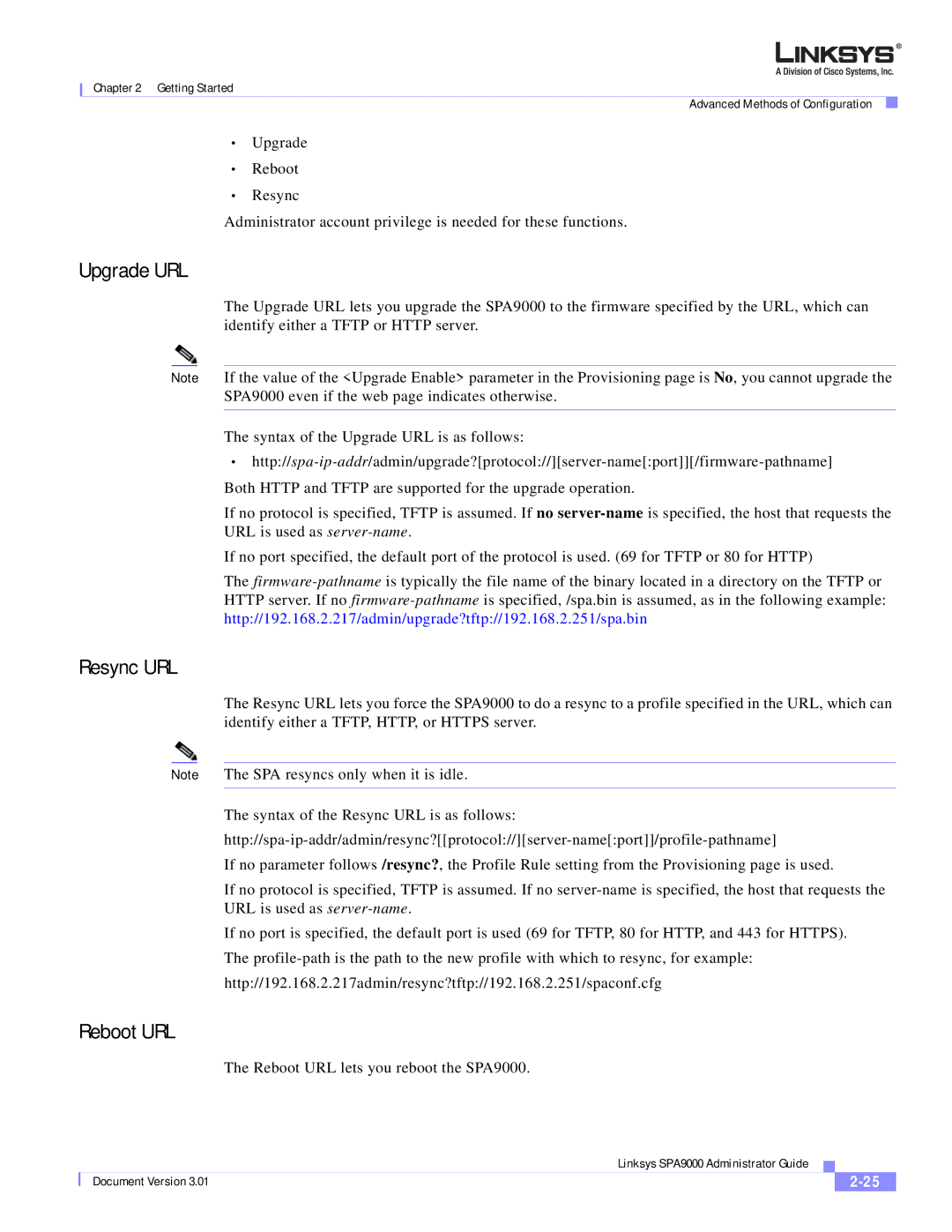 Cisco Systems SPA9000 manual Upgrade URL, Resync URL, Reboot URL 