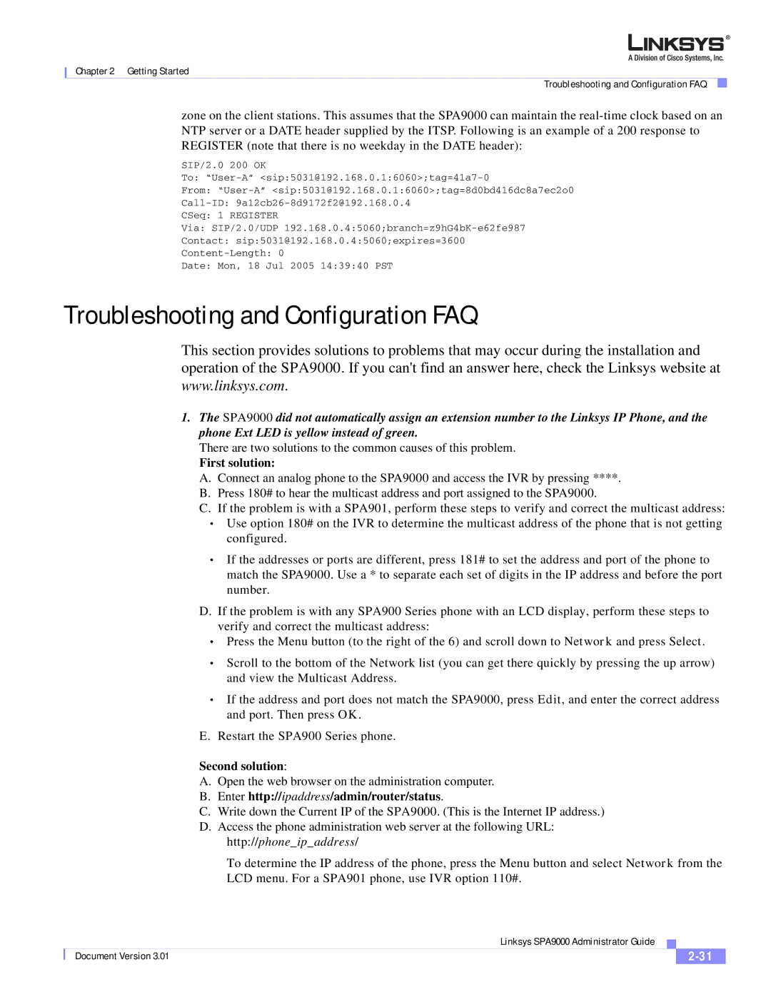 Cisco Systems SPA9000 manual Troubleshooting and Configuration FAQ, First solution 