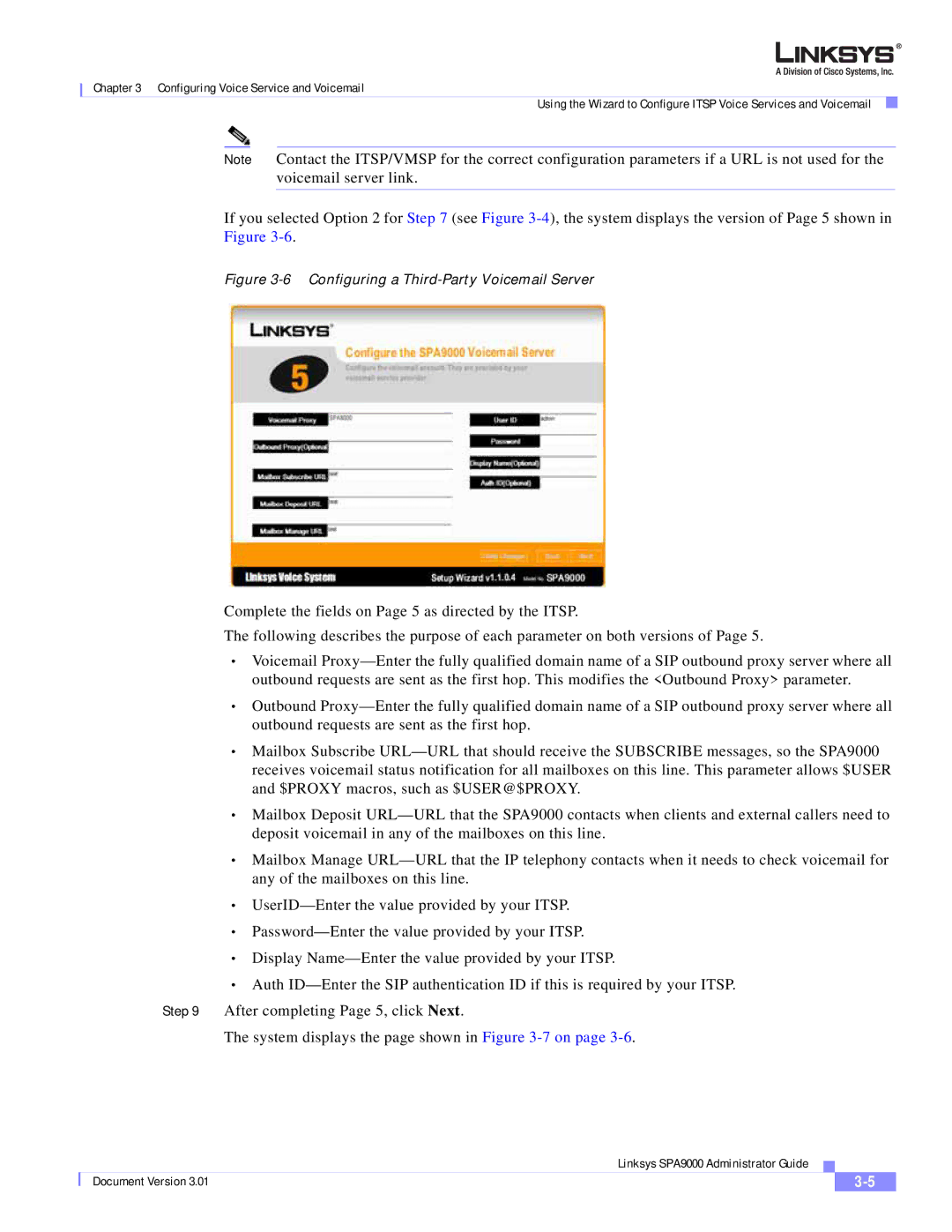 Cisco Systems SPA9000 manual Configuring a Third-Party Voicemail Server 