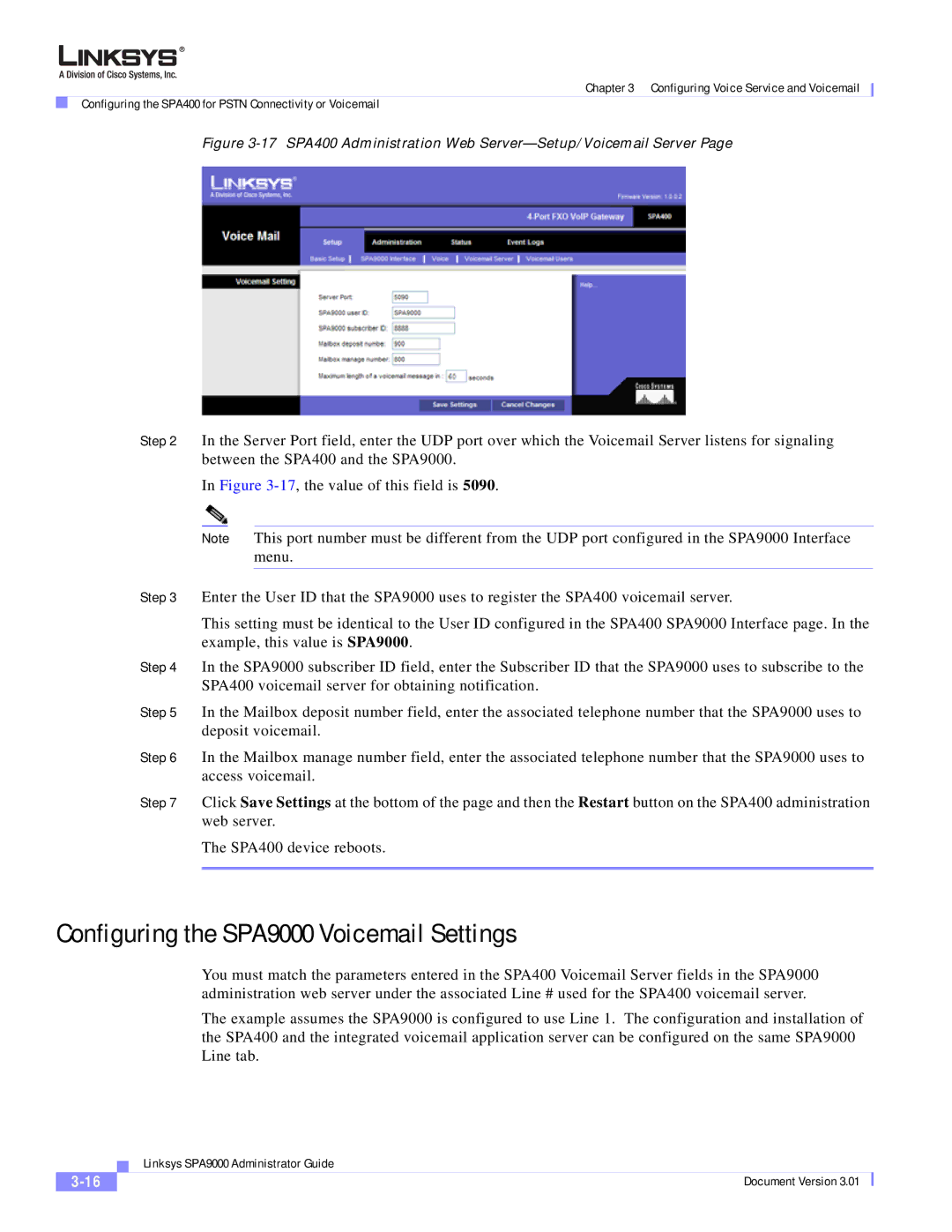 Cisco Systems Configuring the SPA9000 Voicemail Settings, 17 SPA400 Administration Web Server-Setup/Voicemail Server 