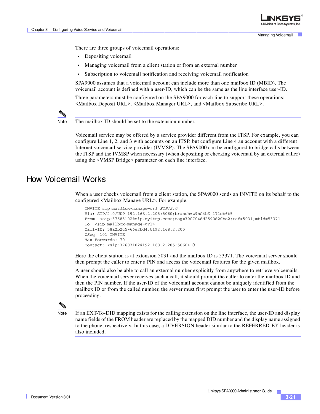 Cisco Systems SPA9000 manual How Voicemail Works, Invite sipmailbox-manage-url SIP/2.0 