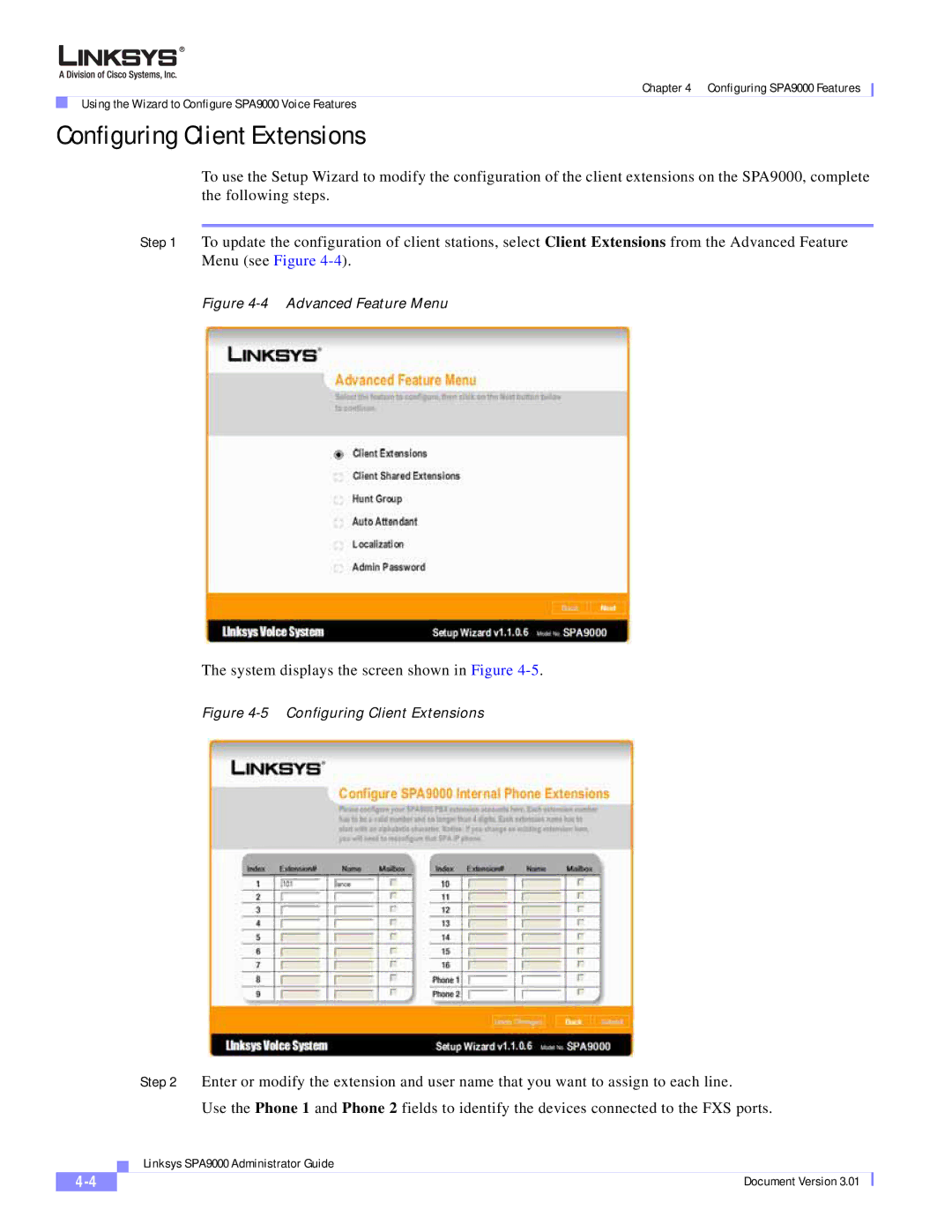 Cisco Systems SPA9000 manual Configuring Client Extensions, Advanced Feature Menu 