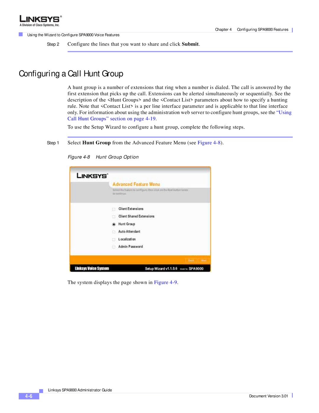 Cisco Systems SPA9000 manual Configuring a Call Hunt Group, Hunt Group Option 