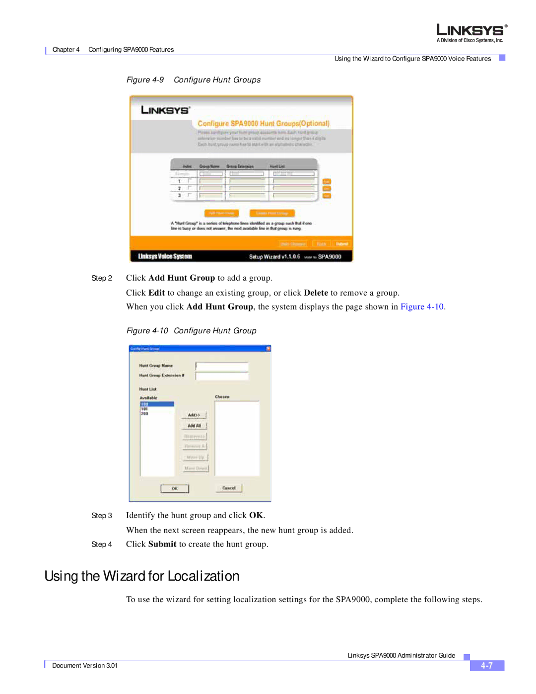 Cisco Systems SPA9000 manual Using the Wizard for Localization, Configure Hunt Groups 