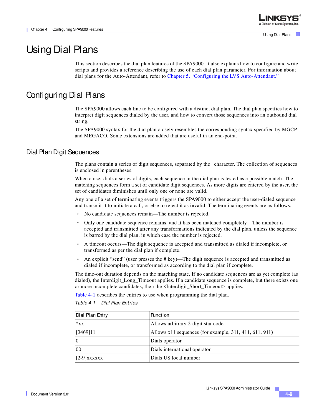 Cisco Systems SPA9000 manual Using Dial Plans, Configuring Dial Plans, Dial Plan Digit Sequences, Dial Plan Entry Function 