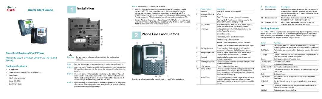 Cisco Systems SPA921 quick start Installation, Phone Lines and Buttons, Cisco Small Business SPA IP Phone, Softkey Buttons 