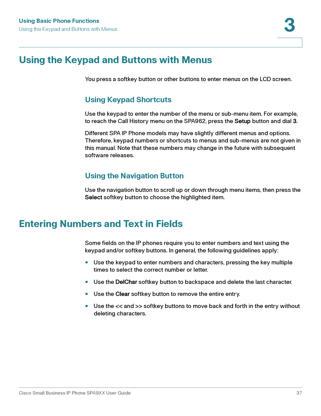 Cisco Systems SPA94X Using the Keypad and Buttons with Menus, Entering Numbers and Text in Fields, Using Keypad Shortcuts 