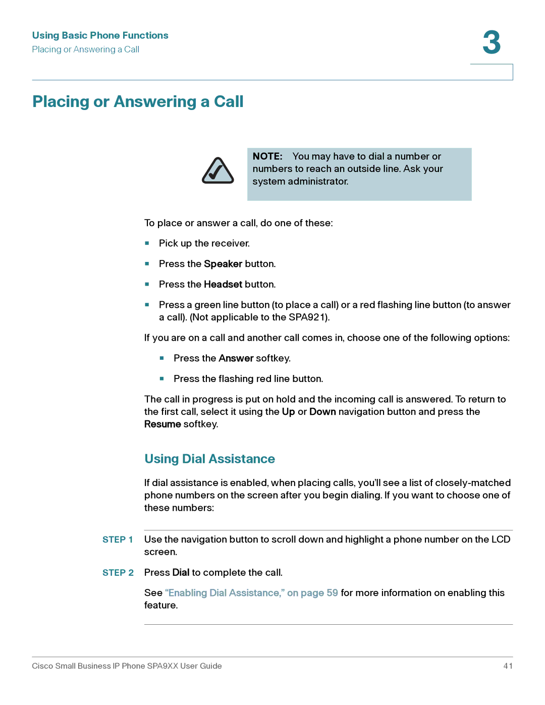 Cisco Systems SPA962, SPA92X, SPA94X manual Placing or Answering a Call, Using Dial Assistance 