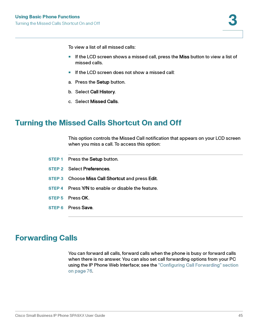 Cisco Systems SPA92X, SPA962, SPA94X manual Turning the Missed Calls Shortcut On and Off, Forwarding Calls 