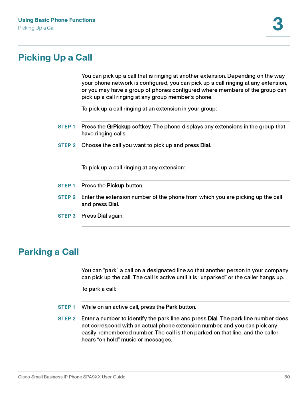 Cisco Systems SPA962, SPA92X, SPA94X manual Picking Up a Call, Parking a Call 