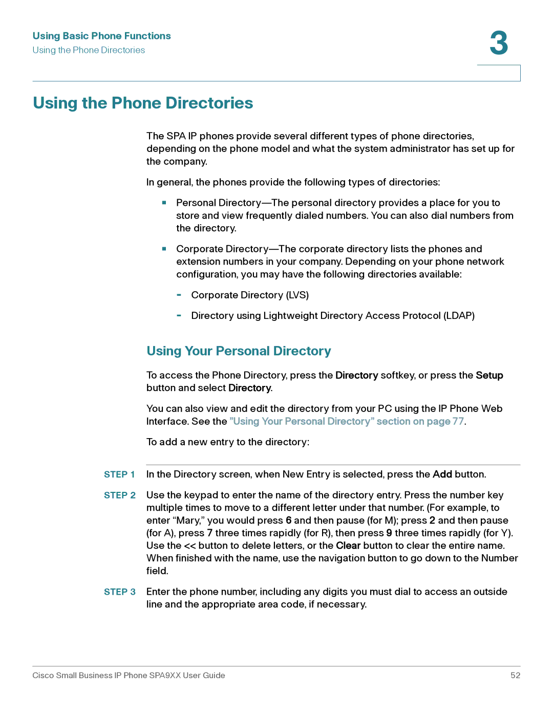 Cisco Systems SPA94X, SPA962, SPA92X manual Using the Phone Directories, Using Your Personal Directory 