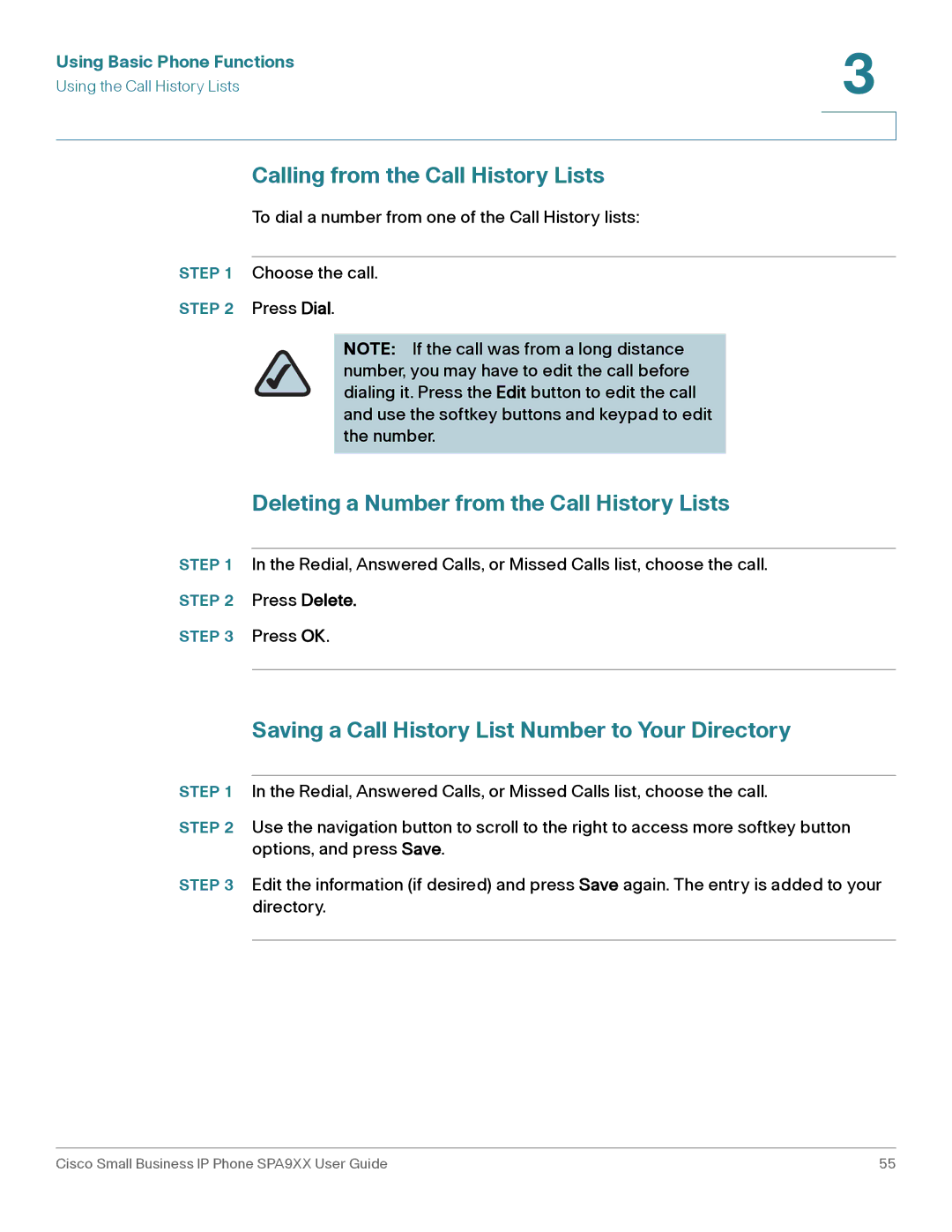 Cisco Systems SPA94X, SPA962, SPA92X Calling from the Call History Lists, Deleting a Number from the Call History Lists 