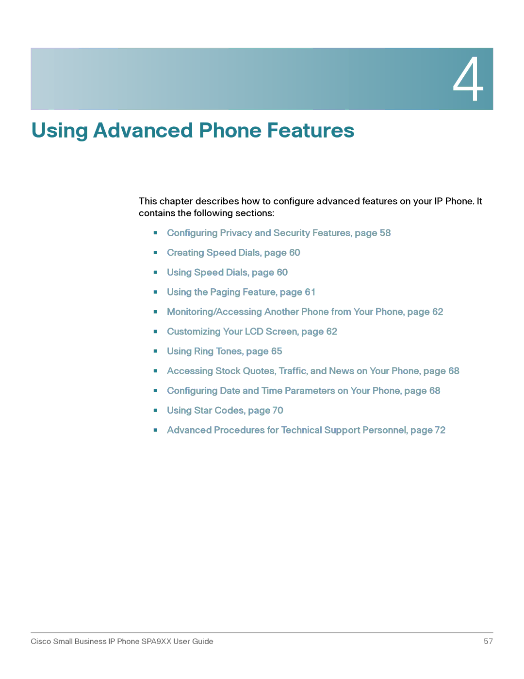 Cisco Systems SPA92X, SPA962, SPA94X manual Using Advanced Phone Features 