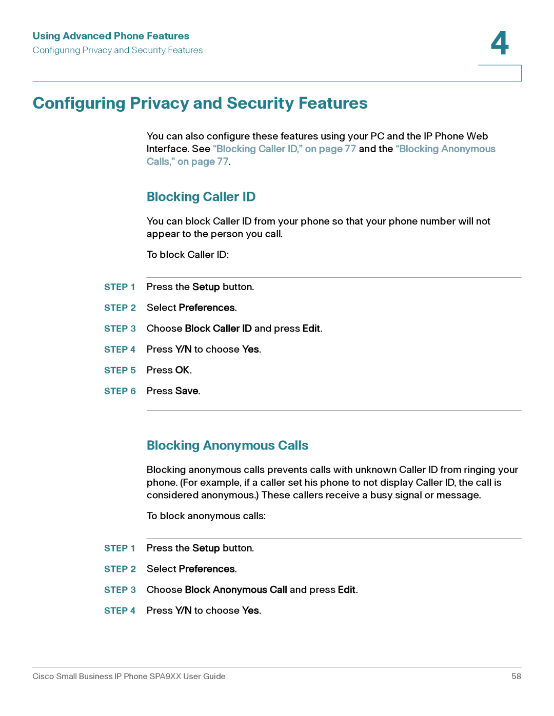 Cisco Systems SPA94X, SPA962 manual Configuring Privacy and Security Features, Blocking Caller ID, Blocking Anonymous Calls 