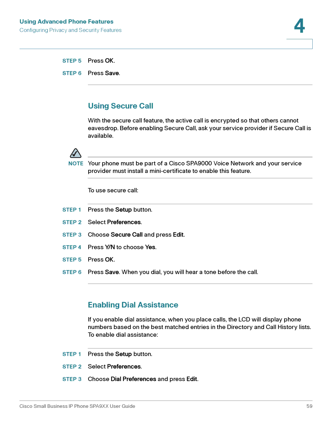 Cisco Systems SPA962, SPA92X, SPA94X manual Using Secure Call, Enabling Dial Assistance 