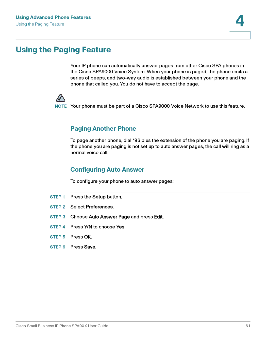 Cisco Systems SPA94X, SPA962, SPA92X manual Using the Paging Feature, Paging Another Phone, Configuring Auto Answer 