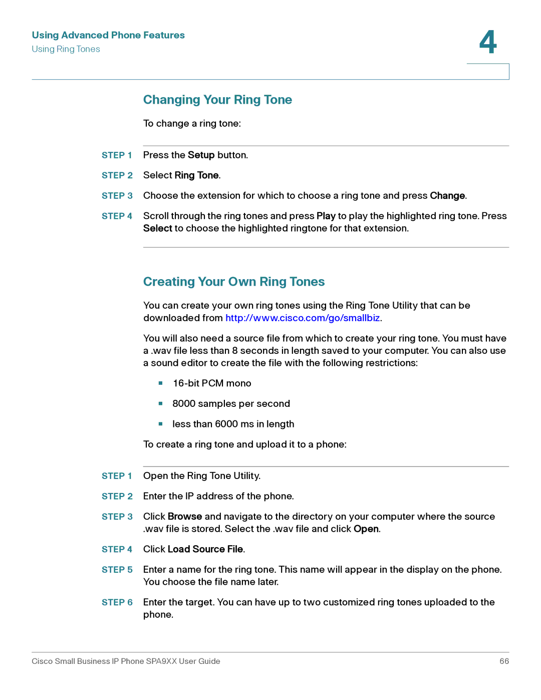 Cisco Systems SPA92X manual Changing Your Ring Tone, Creating Your Own Ring Tones, Select Ring Tone, Click Load Source File 