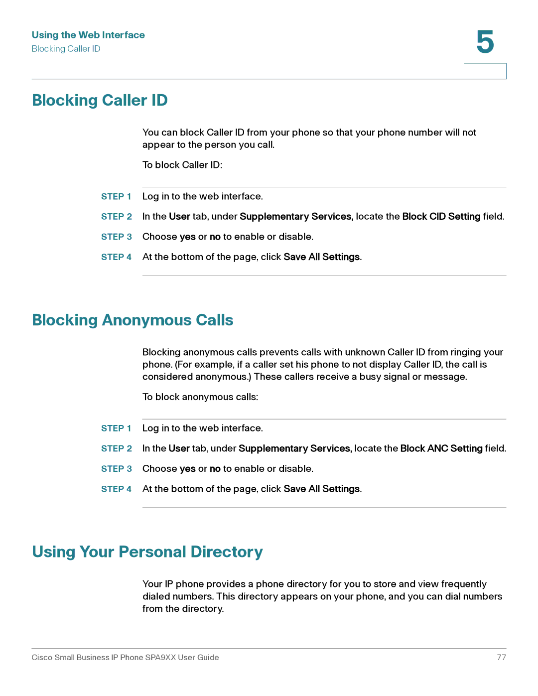 Cisco Systems SPA962, SPA92X, SPA94X manual Blocking Caller ID, Blocking Anonymous Calls, Using Your Personal Directory 