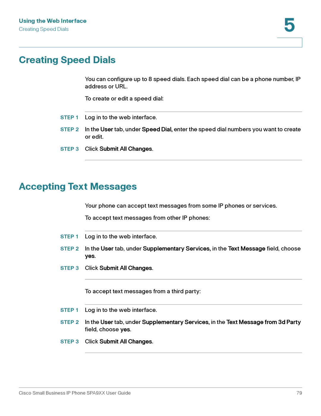 Cisco Systems SPA94X, SPA962, SPA92X manual Accepting Text Messages, Click Submit All Changes 