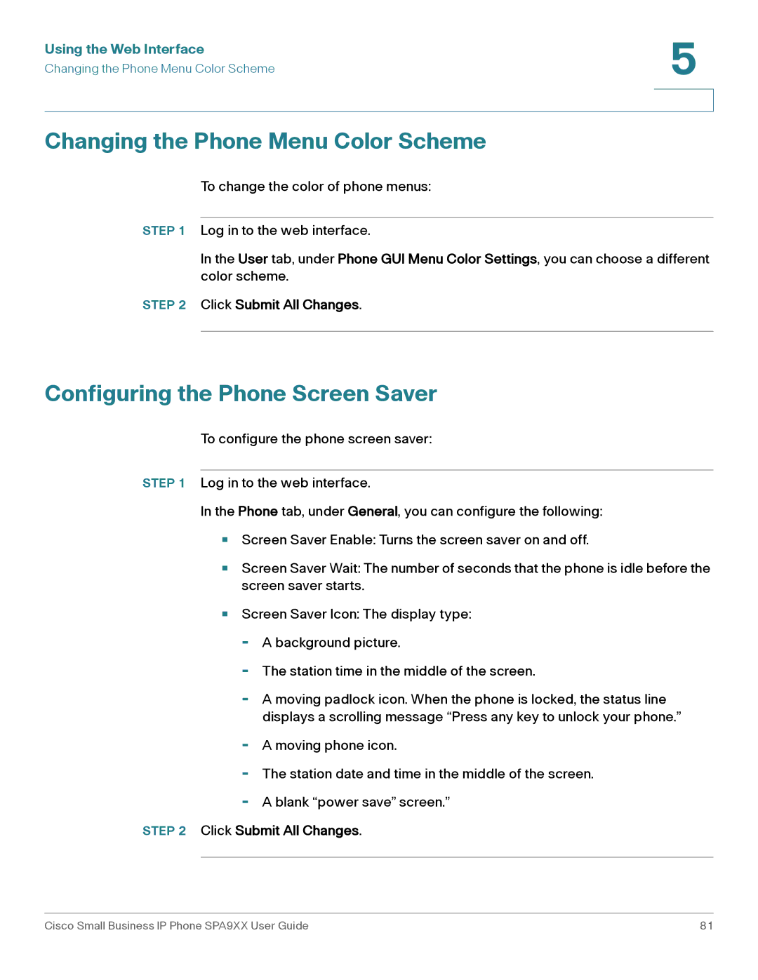 Cisco Systems SPA92X, SPA962, SPA94X manual Changing the Phone Menu Color Scheme, Configuring the Phone Screen Saver 