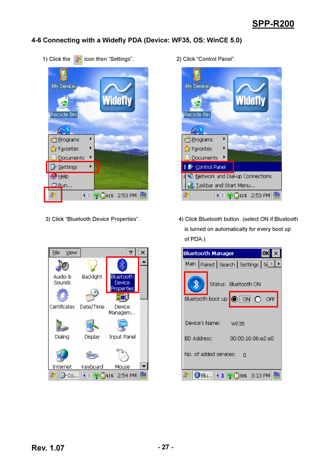 Cisco Systems SPP-R200 manual Connecting with a Widefly PDA Device WF35, OS WinCE 