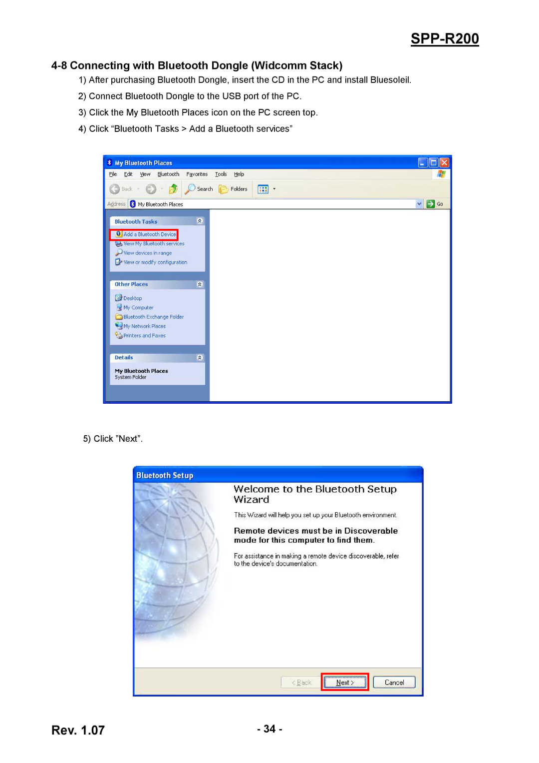 Cisco Systems SPP-R200 manual Connecting with Bluetooth Dongle Widcomm Stack 