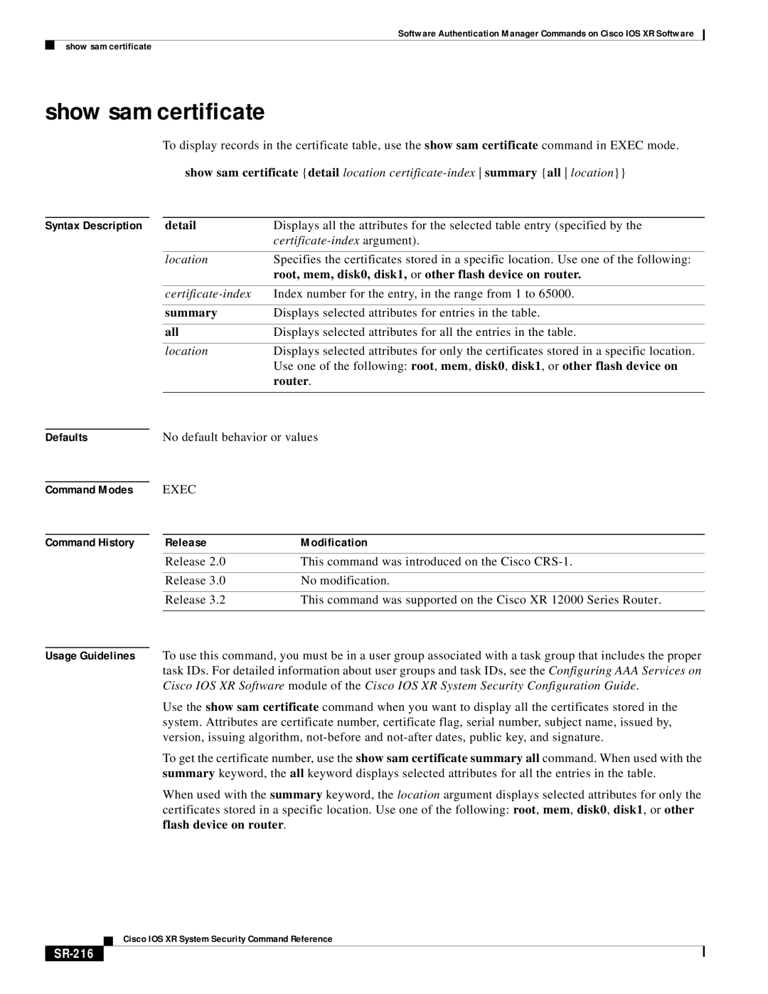 Cisco Systems SR-207 manual Show sam certificate, SR-216 