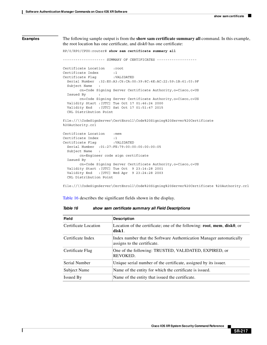 Cisco Systems SR-207 manual Describes the significant fields shown in the display, Field Description, Disk1, SR-217 