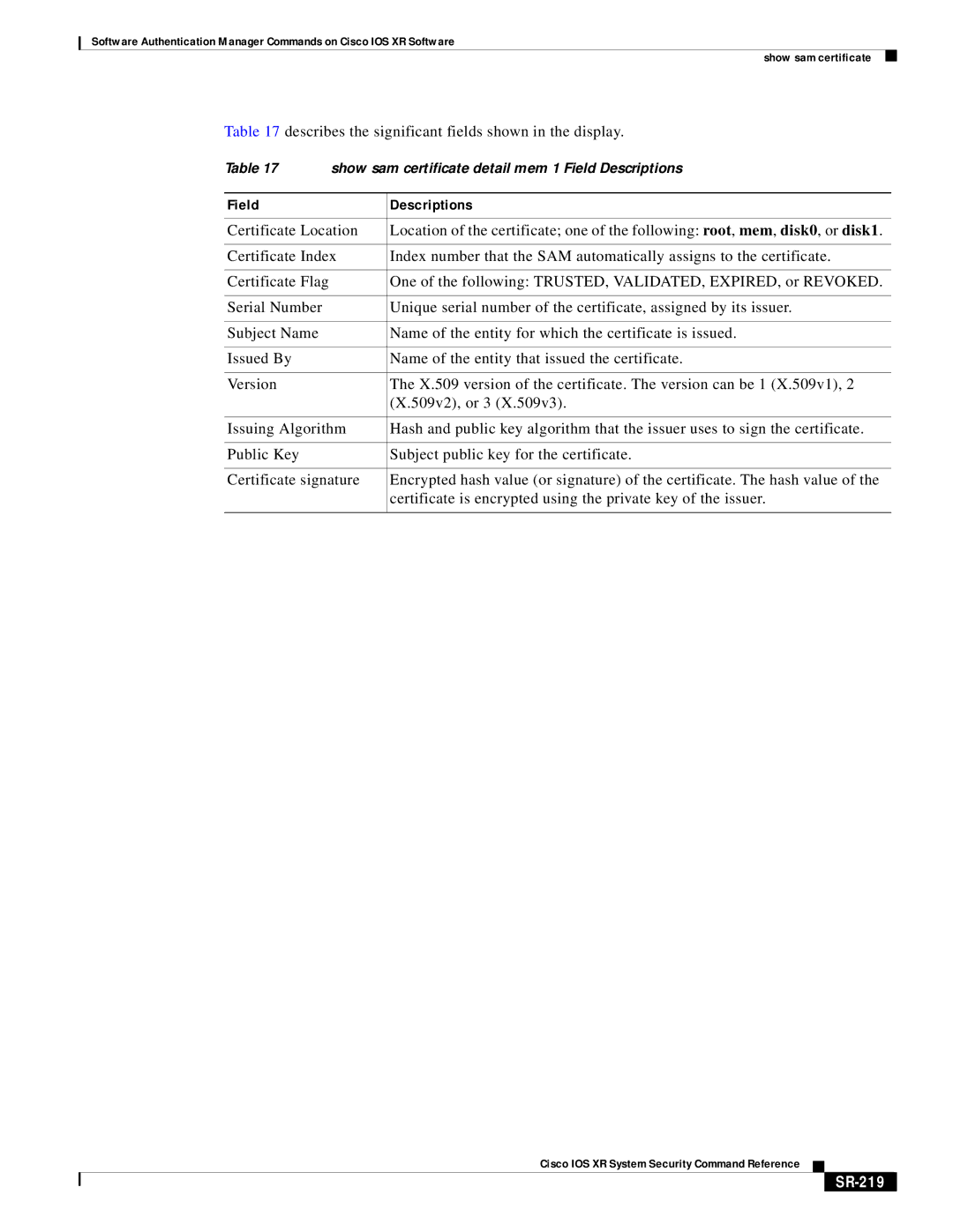 Cisco Systems SR-207 manual Field Descriptions, SR-219 